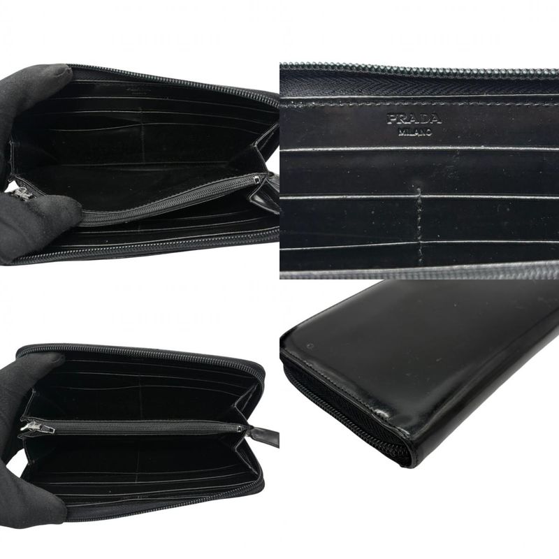 Prada Wallet Zip Around Enamel Patent Leather Black Log Classic Going Out