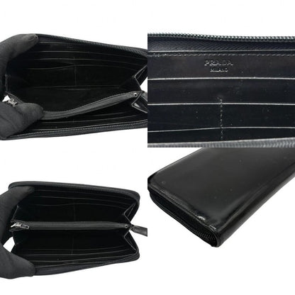 Prada Wallet Zip Around Enamel Patent Leather Black Log Classic Going Out