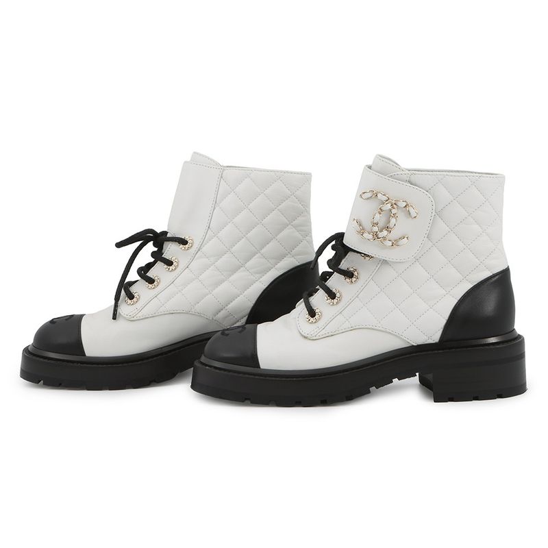 Chanel Short Boots Quilted CC Logo Leather 36 1 2C White Black