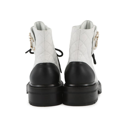 Chanel Short Boots Quilted CC Logo Leather 36 1 2C White Black