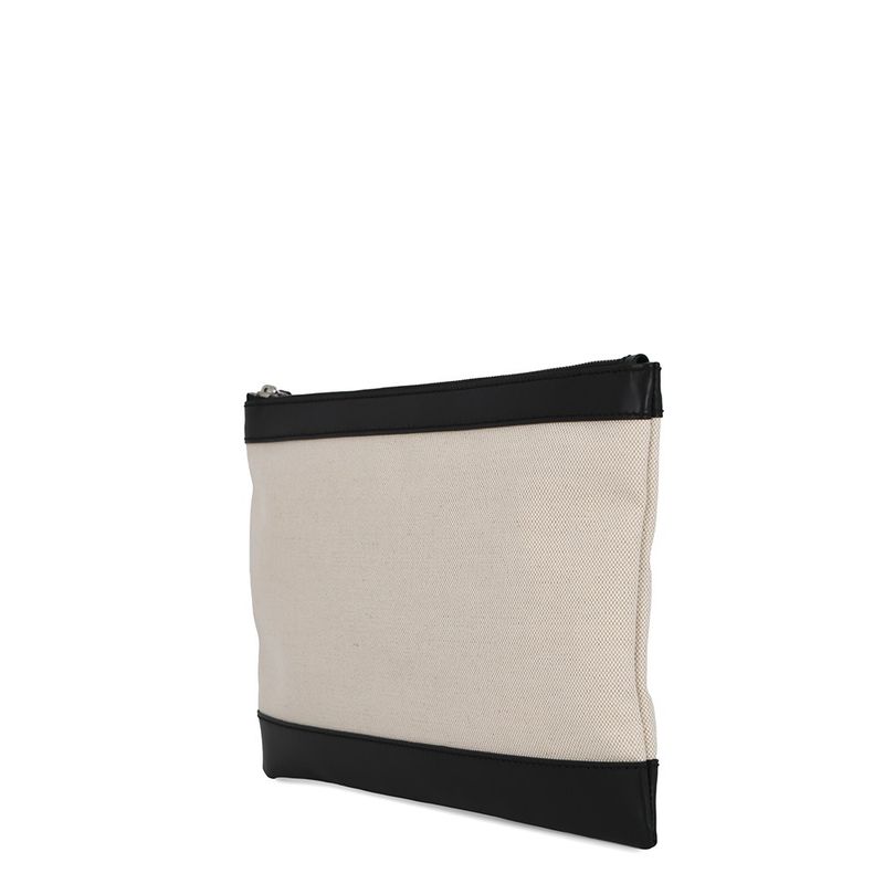 Balenciaga Clutch Navy Clip Leather Canvas Pouch Natural Black