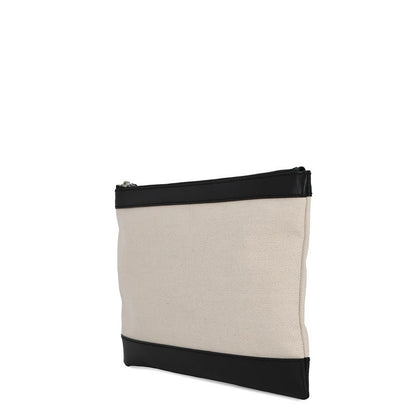 Balenciaga Clutch Navy Clip Leather Canvas Pouch Natural Black