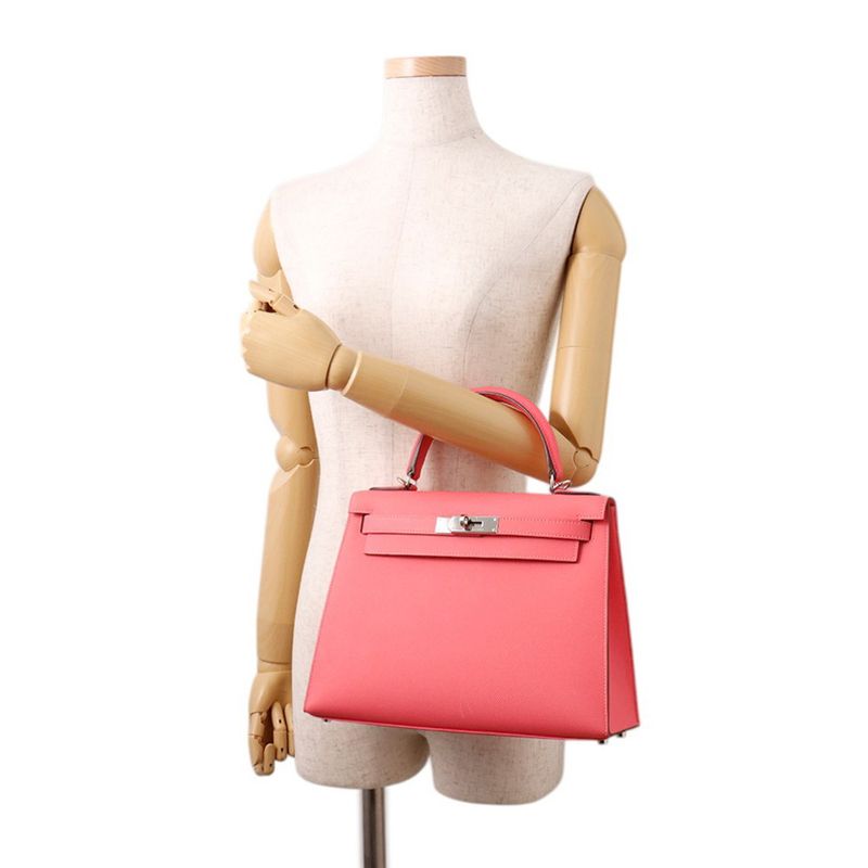 Hermes Handbag Kelly 28 Sellier Rose Azalea Silver Epsom