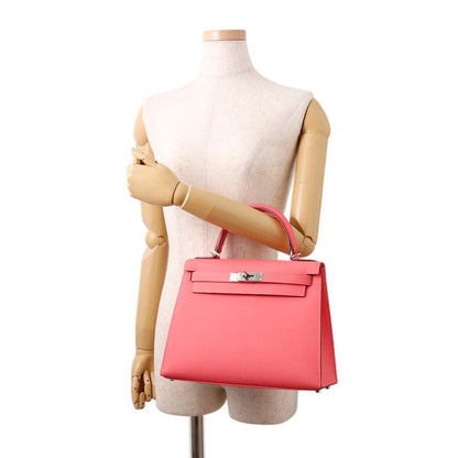 Hermes Handbag Kelly 28 Sellier Rose Azalea Silver Epsom
