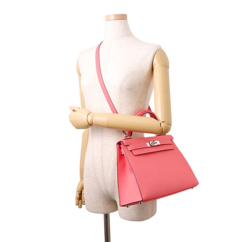 Hermes Handbag Kelly 28 Sellier Rose Azalea Silver Epsom