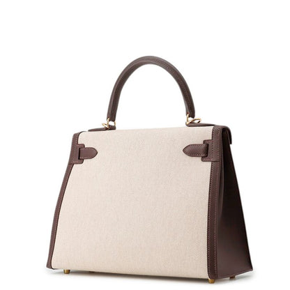 Hermes Handbag Kelly 28 Sellier Mocha Ecru Gold Swift Toile Ash