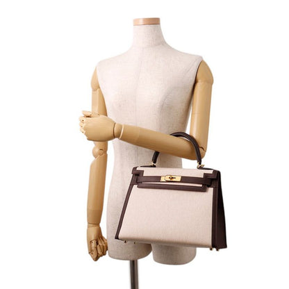 Hermes Handbag Kelly 28 Sellier Mocha Ecru Gold Swift Toile Ash