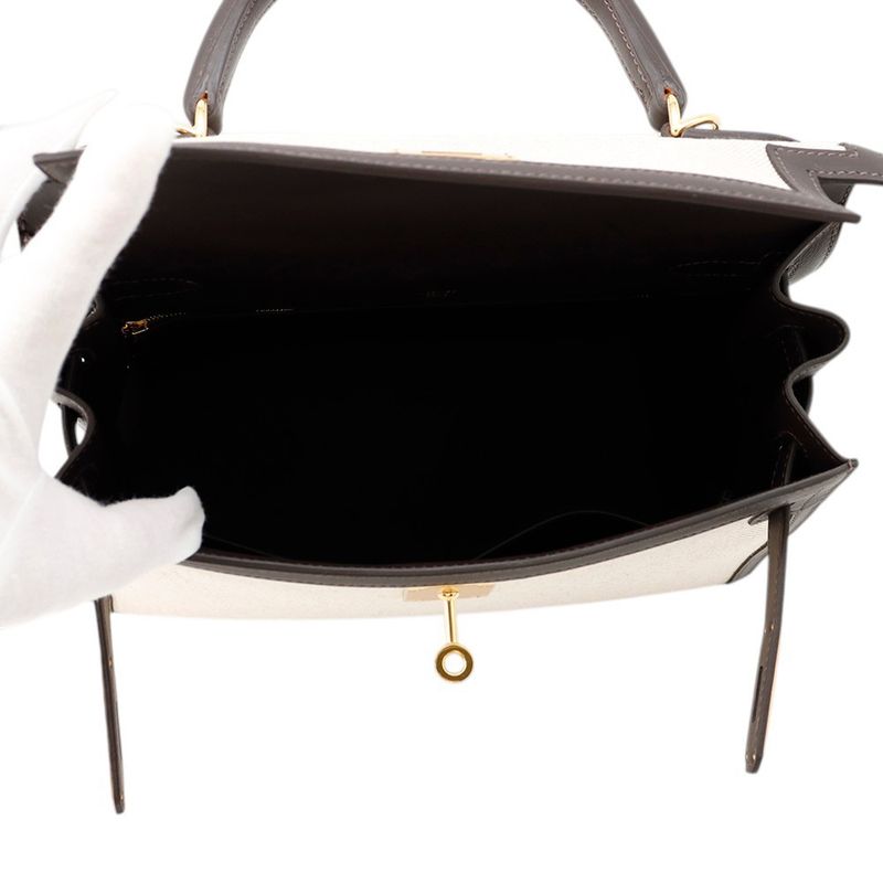 Hermes Handbag Kelly 28 Sellier Mocha Ecru Gold Swift Toile Ash