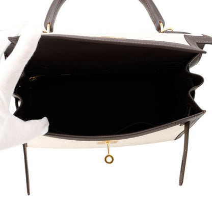 Hermes Handbag Kelly 28 Sellier Mocha Ecru Gold Swift Toile Ash