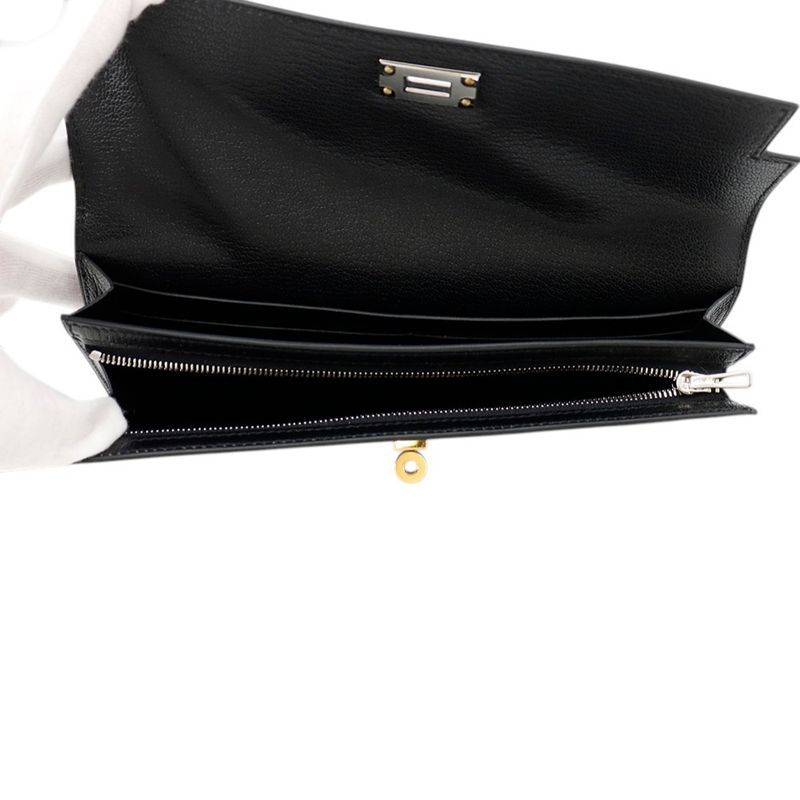 Hermes Wallet Kelly Pocket Long Black Electrum Chevre Sham Kira