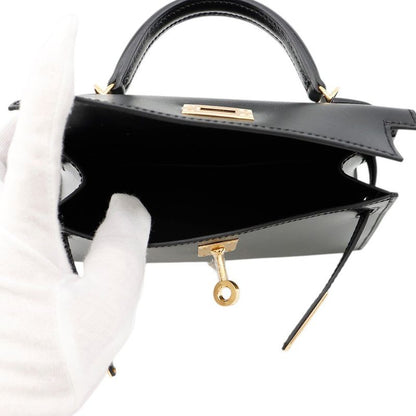 Hermes Mini Kelly 2 Sellier Black Gold Box Calf 2-Way Handbag