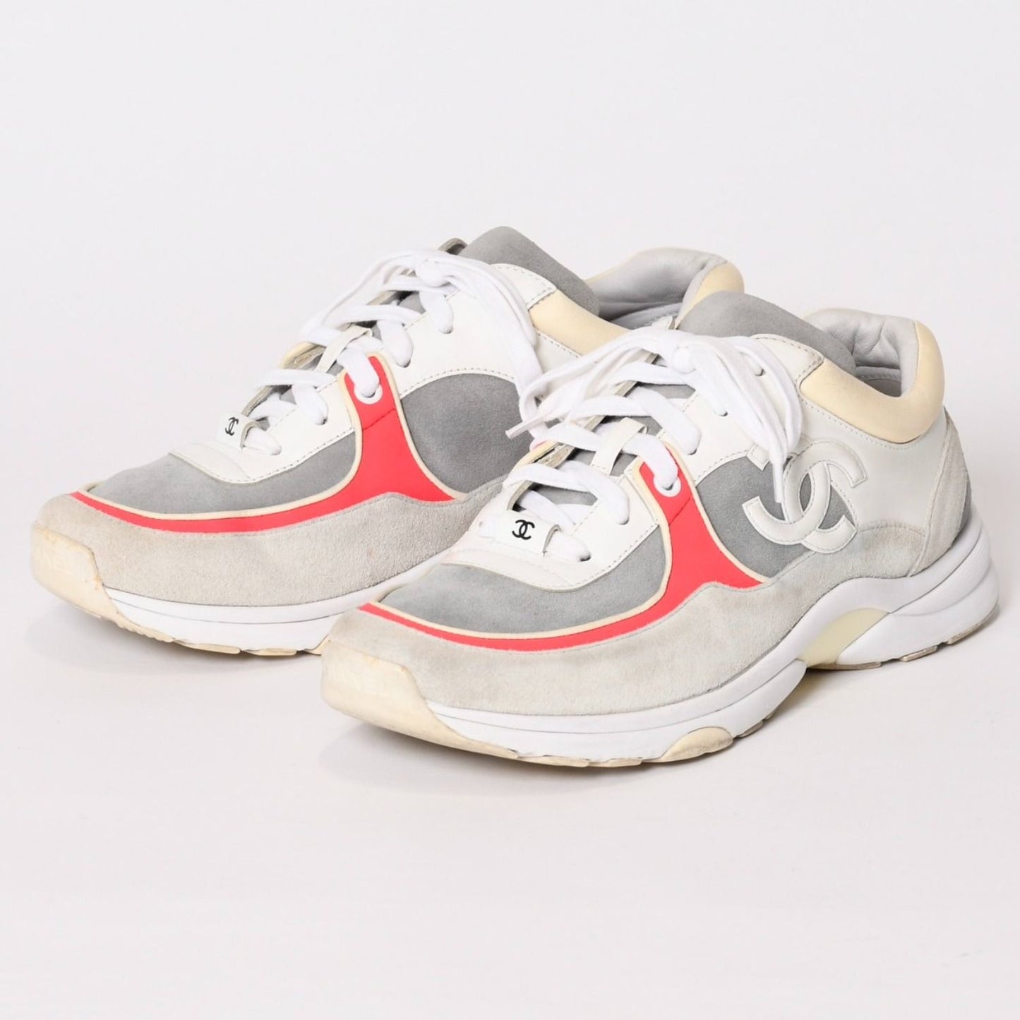 Chanel CC Logo Suede Sneakers White Gray