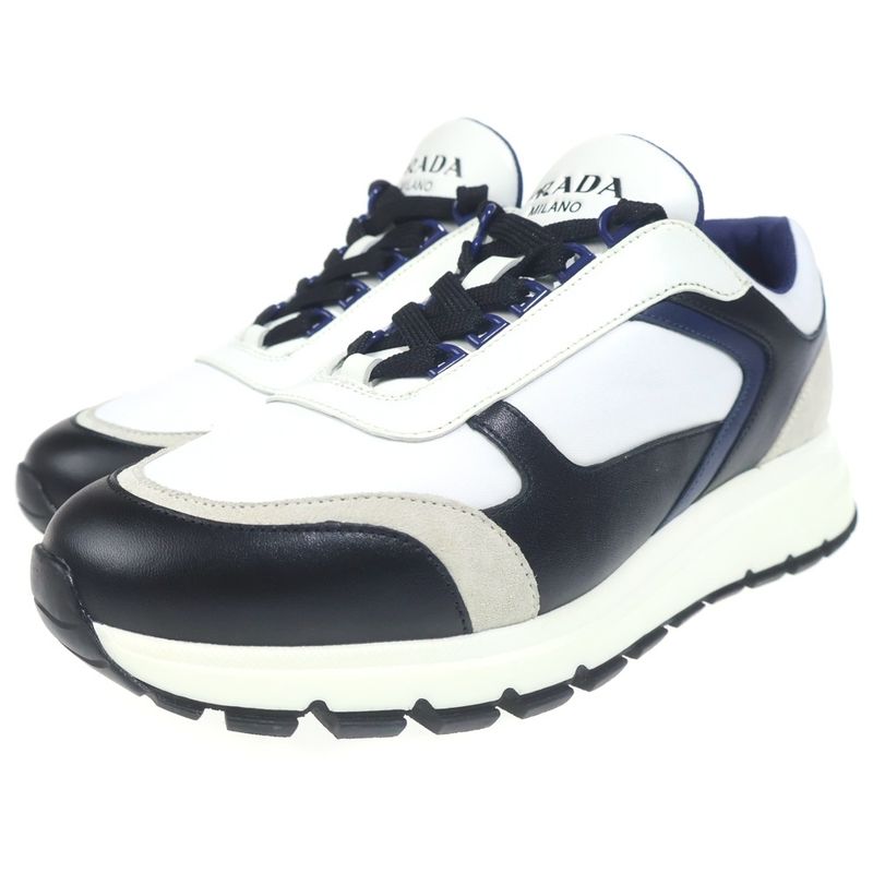 Prada Low Cut Sneakers White Navy Leather Shoes