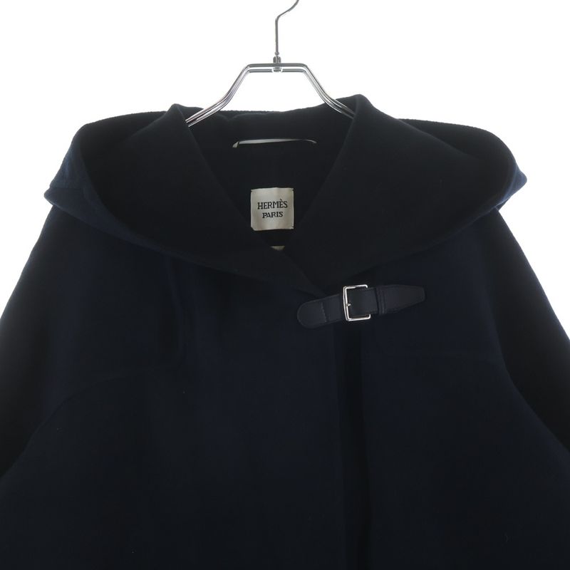 Hermes Hooded Cashmere Coat with Belt Blue Noir Black Navy