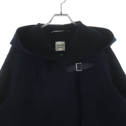 Hermes Hooded Cashmere Coat with Belt Blue Noir Black Navy