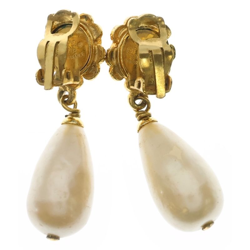 Chanel Camellia Pearl Earrings Gold Plated