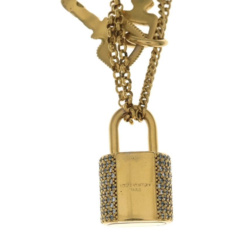Louis Vuitton LV Padlock Rhinestone Key Chain Necklace Gold