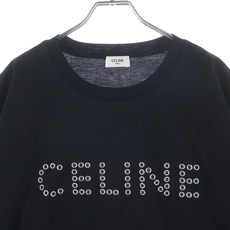 Celine Logo Studded Short Sleeve Shirt Top Crew Neck T-Shirt Black