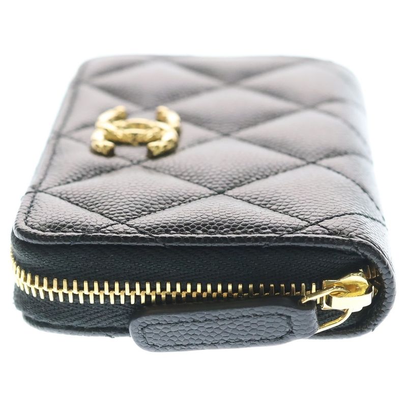 Chanel CC Logo Quilted Coin Case Mini Wallet Black Caviar Leather Gold