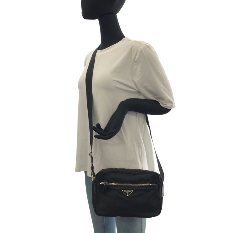 Prada Tessuto Black Silver Nylon Leather Shoulder Bag