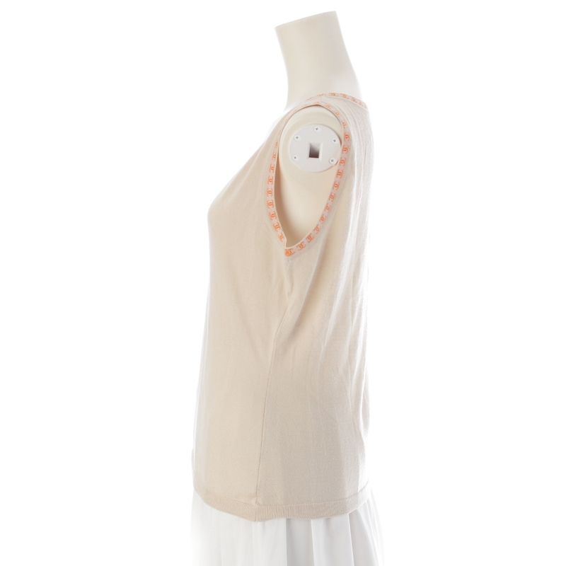 Chanel Cashmere CC Logo Top V-neck Sleeveless Knit Beige 42