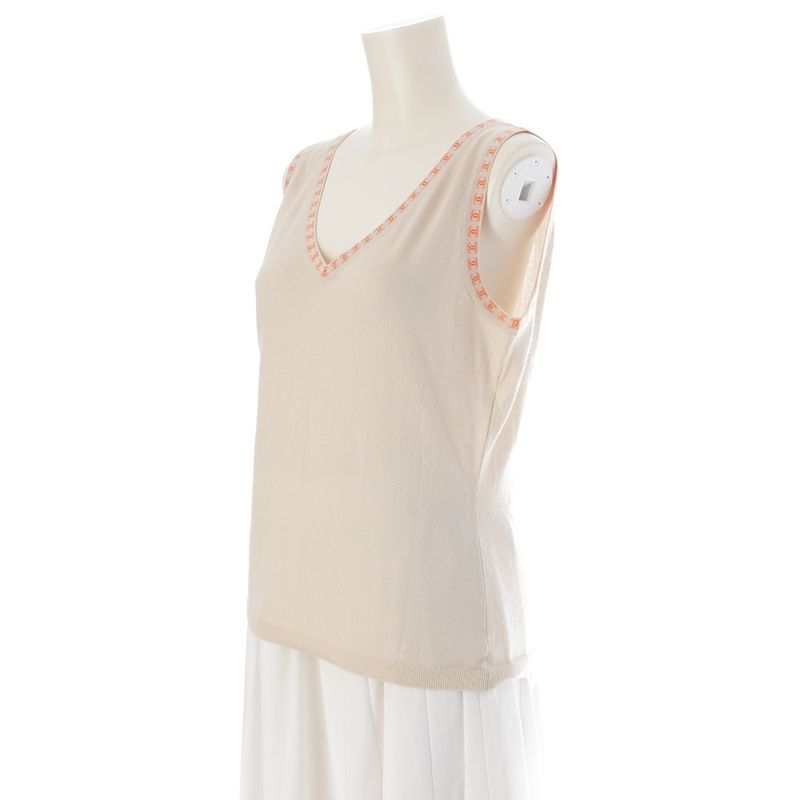 Chanel Cashmere CC Logo Top V-neck Sleeveless Knit Beige 42