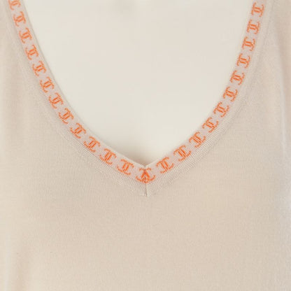 Chanel Cashmere CC Logo Top V-neck Sleeveless Knit Beige 42