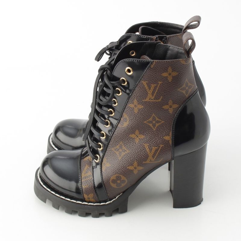 Louis Vuitton Monogram Star Trailline Leather Ankle Boots Side Zip Brown 37