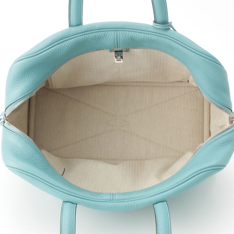 Hermes Victoria 35 Taurillon Clemence Silver Handbag Blue Sun Seal