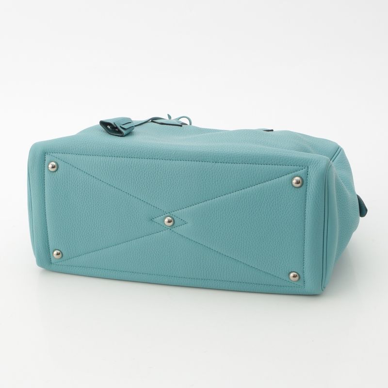 Hermes Victoria 35 Taurillon Clemence Silver Handbag Blue Sun Seal