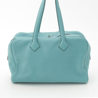 Hermes Victoria 35 Taurillon Clemence Silver Handbag Blue Sun Seal
