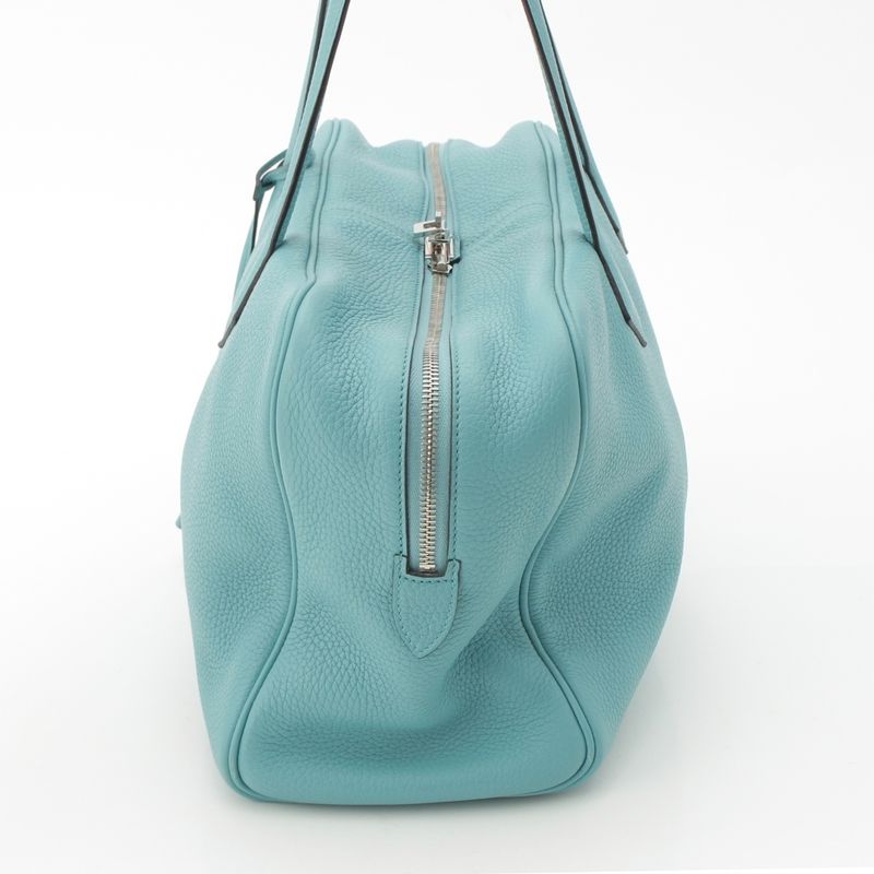 Hermes Victoria 35 Taurillon Clemence Silver Handbag Blue Sun Seal