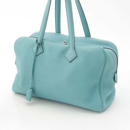 Hermes Victoria 35 Taurillon Clemence Silver Handbag Blue Sun Seal