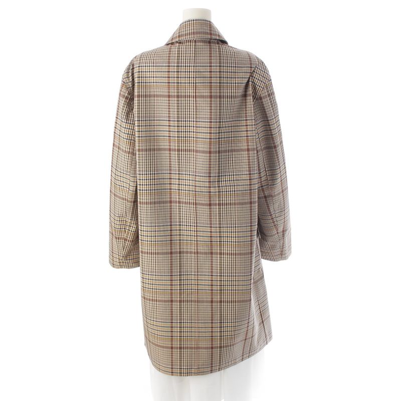 Hermes Wool Leather Button Check Pattern Stand Collar Coat Beige Brown