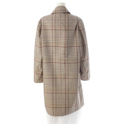 Hermes Wool Leather Button Check Pattern Stand Collar Coat Beige Brown