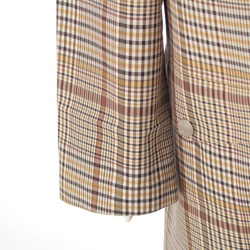 Hermes Wool Leather Button Check Pattern Stand Collar Coat Beige Brown