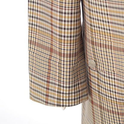 Hermes Wool Leather Button Check Pattern Stand Collar Coat Beige Brown