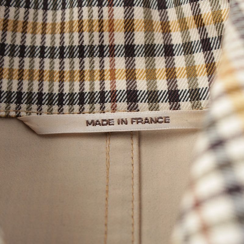 Hermes Wool Leather Button Check Pattern Stand Collar Coat Beige Brown