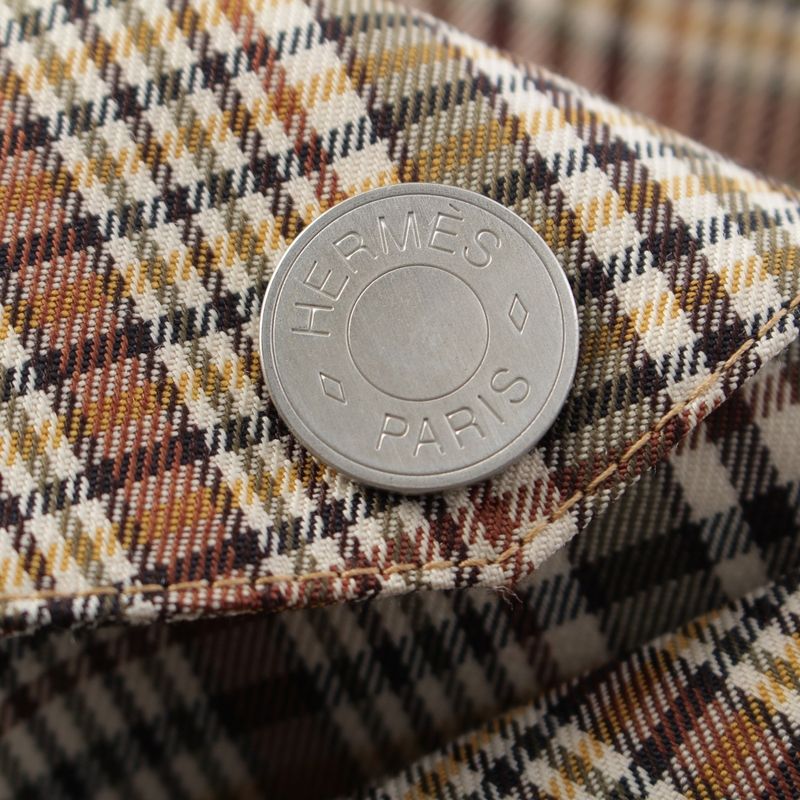 Hermes Wool Leather Button Check Pattern Stand Collar Coat Beige Brown