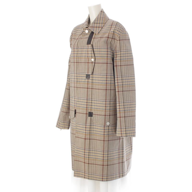 Hermes Wool Leather Button Check Pattern Stand Collar Coat Beige Brown