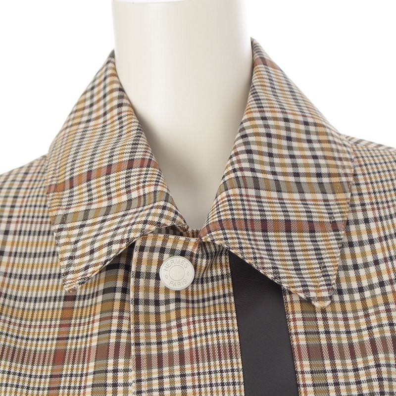 Hermes Wool Leather Button Check Pattern Stand Collar Coat Beige Brown