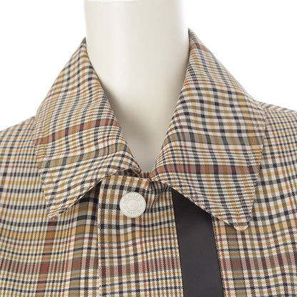 Hermes Wool Leather Button Check Pattern Stand Collar Coat Beige Brown