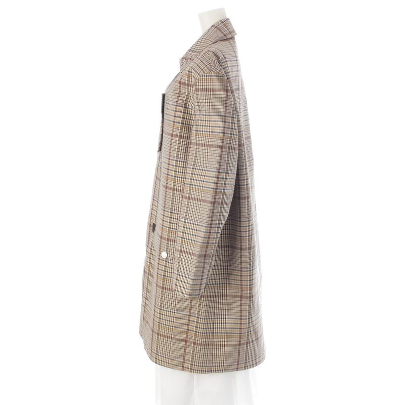 Hermes Wool Leather Button Check Pattern Stand Collar Coat Beige Brown