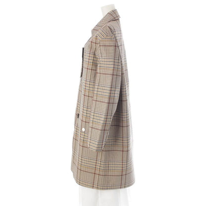 Hermes Wool Leather Button Check Pattern Stand Collar Coat Beige Brown