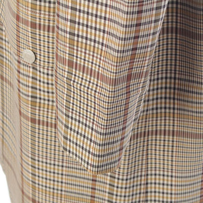 Hermes Wool Leather Button Check Pattern Stand Collar Coat Beige Brown