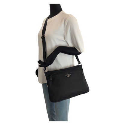 Prada Tessuto Black Silver Nylon Shoulder Bag