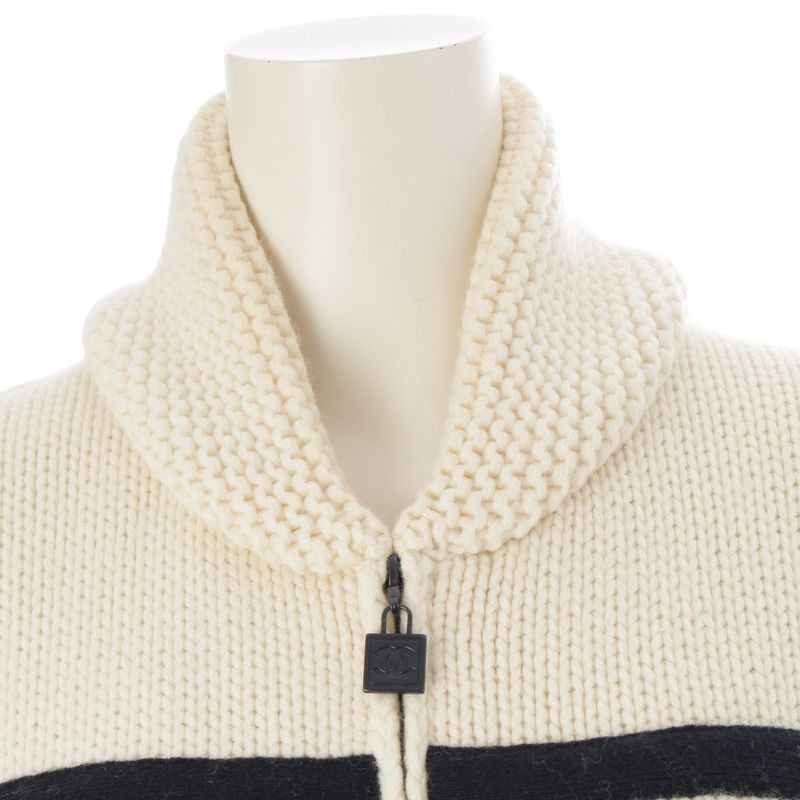 Chanel Wool Cashmere Sports Border Zip Up Knit Top Ivory 40
