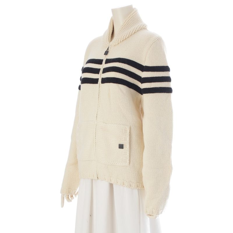 Chanel Wool Cashmere Sports Border Zip Up Knit Top Ivory 40