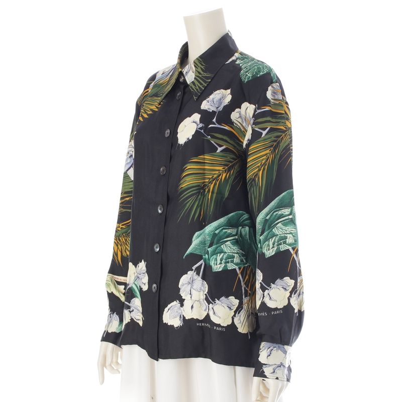 Hermes Silk All Over Pattern Twill Reine Turbans Des Reines Princess Turban Shirt Green Black