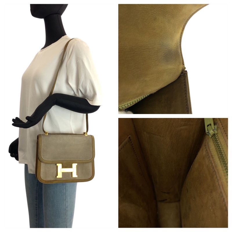Hermes Vintage Constance 23 Beige Nubuck Dobris Shoulder Bag Khaki